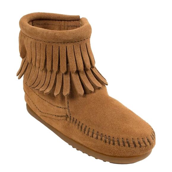 Minnetonka Double Fringe Side Zip Bootie Brown Suede Leather Little Kids US 5 - Picture 1 of 14